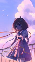  1girl 8k antlers backlighting blue_collar blue_eyes blush brown_hair cinematic_lighting clouds collar deer_antlers dress expressionless floating_ribbon franky7702 hair_ornament highres horns kano_(utaite) pink_sky purple_skirt purple_sky railing red_ribbon ribbon rooftop sailor_dress shirt short_hair skirt sky solo sunset upper_body white_shirt 