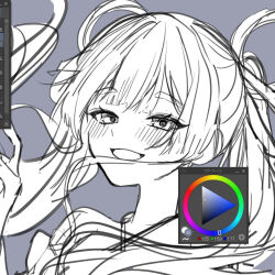 1girl annin_cha art_program_in_frame blush cho_kaguya-hime! commentary_request grey_background greyscale grin hair_ornament hair_rings hair_stick looking_at_viewer monochrome runami_yachiyo simple_background smile solo thick_eyebrows twintails unfinished 