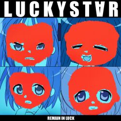  4girls :3 =_= album_cover album_cover_redraw album_name blue_theme censored censored_identity closed_eyes copyright_name cover derivative_work dot_nose english_commentary english_text frown highres hiiragi_kagami hiiragi_tsukasa izumi_konata lucky_star multiple_girls open_mouth parody pepzi remain_in_light_(album) smile takara_miyuki talking_heads tareme 