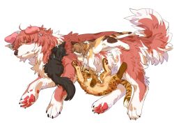  aaasakawa agnes_tachyon_(umamusume) ahoge animal_focus animal_with_hair animalization black_cat brown_cat calico_(pattern) calico_cat cat checkered_ribbon closed_eyes closed_mouth dantsu_flame_(umamusume) dog ear_covers ear_ornament ear_ribbon green_ribbon highres horseshoe_ornament jam_(umamusume) jungle_pocket_(umamusume) lying lying_on_animal manhattan_cafe_(umamusume) no_humans on_side pawpads pink_ribbon recursive_animalization ribbon simple_background umamusume white_background 