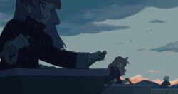  3girls aikatsu! aikatsu!_(series) blue_coat blunt_bangs boat closed_eyes clouds coat commentary_request highres hikami_sumire koke_(koke7) long_hair long_sleeves looking_ahead morning multiple_girls on_boat open_mouth outdoors ozora_akari profile purple_hair rowboat rowing shinjo_hinaki short_hair sitting sky slice_of_life smile upper_body violet_eyes watercraft 