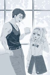  1boy 1girl :d adjusting_hair bare_arms bow bowtie burn_scar collared_shirt cowboy_shot cup dog_tags from_side greyscale hairband hand_up highres holding holding_cup j_(reverse:1999) leaf looking_at_another matilda_bouanich medium_hair milmil7 miniskirt monochrome mug one_side_up open_mouth pants profile reverse:1999 scar scar_on_arm shirt short_hair skirt smile standing tank_top toned toned_male traditional_bowtie window 