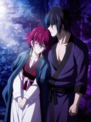  1boy 1girl akatsuki_no_yona cloak couple full_body gabrielxo highres hug long_hair loving_aura original red_hair violet_eyes waifugame yona_(akatsuki_no_yona) 