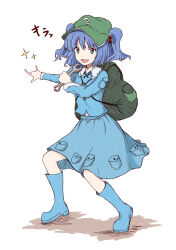  1girl :d \m/ backpack bag blue_bag blue_boots blue_eyes blue_hair blue_shirt blue_skirt boots contrast_collar frilled_shirt_collar frills green_hat hair_bobbles hair_ornament hat highres holding holding_wrench jewelry kashiwada_kiiho kawashiro_nitori key key_necklace long_sleeves medium_hair necklace newsboy_cap open_mouth shirt shirt_tucked_in skirt skirt_pocket smile solo sparkle standing touhou undershirt white_background wrench 
