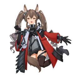  1girl :d angelina_(arknights) animal_ear_fluff animal_ears arknights arknights:_endfield black_gloves black_panties black_thighhighs border brown_hair chinese_commentary coat commentary_request dot_nose double-parted_bangs dress elbow_gloves fox_ears fox_girl full_body gilberta_(arknights) gloves grey_dress hair_between_eyes hand_up headgear high_collar high_heels highres jia_ma jumping long_hair long_sleeves looking_at_viewer off_shoulder open_clothes open_coat panties pantyshot raised_eyebrows red_coat red_eyes short_dress sidelocks simple_background sleeveless sleeveless_dress smile solo thigh-highs twintails underwear very_long_hair white_background white_border 