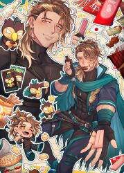  ! !! 1boy abs absurdres ammunition_belt anger_vein belt bird black_gloves black_shirt bottle brown_hair bubby_(goldbullet) candy cape chibi chibi_inset chocolate chocolate_bar collage collared_jacket compression_shirt cropped_jacket eating fang fangs fingerless_gloves food food_in_mouth food_on_face gloves goldbullet green_cape green_outline green_scarf high_collar highres holding holding_chocolate holding_food holding_pocky holostars holostars_english jacket jagarico japanese_flag kitkat konpeitou long_hair male_focus multiple_belts multiple_views muscular muscular_male one_eye_closed open_clothes open_jacket outline outstretched_hand pants partially_fingerless_gloves pectorals pencil pencil_in_hair pocky ponytail scarf senza0813 shirt sprout sprout_on_head torn_cape torn_clothes torn_pants turtleneck turtleneck_shirt virtual_youtuber white_outline yellow_eyes 