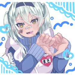  1girl alternate_costume apron bandaid bandaid_on_face bandaid_on_nose black_hairband blue_jacket candy cheek_tattoo dark-skinned_female dark_skin enmaided eyelashes fangs food food_in_mouth frilled_apron frills green_hair hair_between_eyes hairband hands_up heart heart_hands heaven_burns_red highres jacket jersey_maid kurosawa_maki letterboxed lollipop lollipop_in_mouth long_hair looking_at_viewer maid maid_apron open_mouth simple_background siromochino sleeves_past_wrists solo tattoo teeth track_jacket twintails unconventional_maid upper_body white_apron white_background yellow_eyes yellow_pupils zipper 