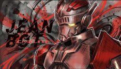  1boy armor artist_name castlings character_name english_text full_armor glowing glowing_eyes grey_background jean-bot looking_ahead male_focus mecha mecha_focus multicolored_armor no_humans red_armor red_background robot splatter_background tokusatsu two-tone_armor two-tone_background ultra_galaxy_(series) ultra_series ultraman_zero_the_movie_choukessen!_belial_ginga_teikoku upper_body white_armor yellow_eyes 