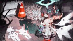 1girl absurdres bare_shoulders black_hair bow colored_inner_hair dress from_behind greedice green_bow hair_bow hair_ornament halo highres looking_at_viewer multicolored_hair multiple_girls nangong_yu pink_hair red_eyes scar shadow standing traffic_cone twintails white_wings wings zenless_zone_zero 