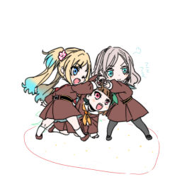  >:) 3girls ;d all_fours black_bow black_pantyhose blonde_hair blue_eyes blue_hair bow brown_dress brown_hair brown_shoes ceras_yanagida_lilienfeld closed_mouth commentary dress flower full_body gradient_hair green_neckerchief grey_hair hair_bow hair_flower hair_ornament hair_ribbon hasu_no_sora_school_uniform ichigo_123_(love_live!) kachimachi_kosuzu link!_like!_love_live! long_hair long_sleeves love_live! multicolored_hair multiple_girls neckerchief one_eye_closed open_mouth osawa_rurino pantyhose pink_flower pink_ribbon puff_of_air red_neckerchief ribbon sailor_collar sailor_dress school_uniform shinanoya_(satanicad) shoes simple_background smile socks standing twintails untranslatable_commentary v-shaped_eyebrows virtual_youtuber white_background white_sailor_collar white_socks winter_uniform yellow_neckerchief 