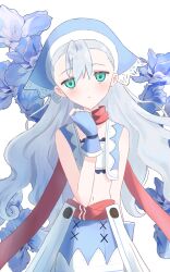  1girl blue_flower blue_gloves blue_headscarf commentary_request fingerless_gloves flower gloves green_eyes grey_hair headscarf highres karin_(rune_factory) long_hair midriff navel orange_scarf rune_factory rune_factory_3 scarf solo vmzdzxnx7fiyoxx 