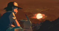  1boy aihara-rina ash_ketchum baseball_cap commentary_request hat highres outdoors pikachu pokemon pokemon_(anime) pokemon_(creature) red_hat shirt sitting sunrise t-shirt 