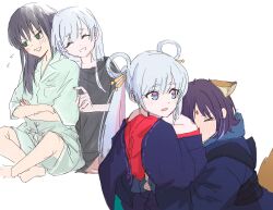  >_< 2girls animal_ears barefoot black_hair black_shirt blue_hair blue_hoodie blush cho_kaguya-hime! crossed_arms forehead_jewel fox_ears fox_tail green_eyes green_pajamas grey_hair hair_ornament hair_rings hair_stick hatterene highres hood hoodie hug hug_from_behind indian_style ini_yoy long_hair long_sleeves looking_at_another mole mole_under_eye multicolored_hair multiple_girls multiple_views open_mouth pajamas pink_hair purple_nails runami_yachiyo sakayori_iroha shirt short_hair sitting smile streaked_hair tail twintails white_background wide_sleeves yuri 