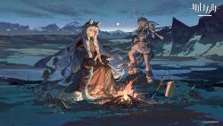  2girls animal_ear_fluff animal_ears arknights bear_ears bear_girl bell blonde_hair blue_cloak bonfire braid cloak copyright_logo copyright_notice crop_top crossbow full_body fur-trimmed_cloak fur-trimmed_jacket fur_trim grey_eyes hair_over_shoulder highres holding holding_crossbow holding_weapon jacket large_tail logo long_hair luckyia mountainous_horizon multiple_girls night official_alternate_costume official_art pramanix_(arknights) pramanix_the_prerita_(arknights) profile sitting snow_hunter_(arknights) snow_leopard_ears snow_leopard_girl snow_leopard_tail standing tail tiara tibetan_clothes tri_braids twin_braids very_long_hair weapon white_hair 