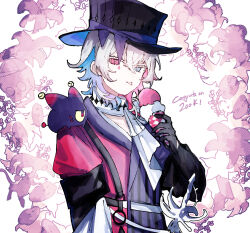  1boy bettelion_(gavis_bettel) bishounen black_gloves blue_eyes blue_hair coat commentary congratulations creature creature_on_shoulder diamond_choker food gavis_bettel gloves grey_hair hair_between_eyes hat heterochromia highres holding holding_food holding_ice_cream holostars holostars_english ice_cream licking long_sleeves looking_at_viewer male_focus medium_hair multicolored_coat multicolored_hair noranekogahara on_shoulder phantom_(gavis_bettel) pink_eyes pink_hair scarf solo striped_coat tongue tongue_out top_hat upper_body vertical-striped_coat virtual_youtuber white_scarf 