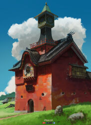  absurdres architecture artist_name artstation_logo blue_sky building clock clock_tower clouds day dirt_road east_asian_architecture facebook_logo grass highres hill no_humans original outdoors painterly road rock scenery sicuvn sky sunlight tower window youtube_logo 
