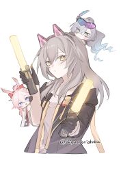  3girls absurdres animal_ears artist_name asymmetrical_gloves black-framed_eyewear black_gloves black_jacket blue-tinted_eyewear blue_eyes blue_hair blush_stickers bow bright_pupils cat_ears closed_mouth commentary_request drill_hair drill_ponytail dual_wielding evanescia_(honkai:_star_rail) eyelashes fake_animal_ears fingerless_gloves floating_hair floral_print flower fox_ears fox_girl gloves goggles goggles_on_head gradient_hair grey_eyes grey_hair hair_between_eyes hair_bow hair_flower hair_ornament hands_on_another's_head hands_up headpiece high_ponytail highres holding holding_sword holding_weapon honkai:_star_rail honkai_(series) jacket japanese_clothes kimono lapels large_bow long_hair long_sleeves looking_at_another looking_at_viewer looking_down low_ponytail mini_person minigirl mismatched_gloves multicolored_hair multiple_girls open_clothes open_jacket open_mouth pink_hair ponytail purple-tinted_eyewear red_bow ryn_torishiba shirt sidelocks silver_wolf_(honkai:_star_rail) silver_wolf_(lv.999)_(honkai:_star_rail) single_glove smile solo_focus stelle_(honkai:_star_rail) sword t-shirt tinted_eyewear trailblazer_(honkai:_star_rail) two-tone_hair upper_body v-shaped_eyebrows weapon white_flower white_kimono white_pupils white_shirt wide_sleeves yellow_eyes 