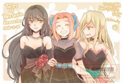  3girls black_choker black_dress black_gloves black_hair blonde_hair blue_ribbon blush breasts choker closed_mouth collarbone commentary_request corobun cowboy_shot dress elbow_gloves eleanor_hume eleanor_hume_(chic) facing_another flower gloves green_eyes hair_ribbon highres jewelry locked_arms long_hair looking_at_another magilou_(chic)_(tales) magilou_(tales) medium_breasts multiple_girls necklace official_alternate_costume open_mouth pearl_necklace pink_hair pink_skirt pointy_ears red_flower red_rose ribbon rose short_twintails simple_background skirt smile standing tales_of_(series) tales_of_berseria translation_request twintails velvet_crowe velvet_crowe_(chic) very_long_hair watermark yellow_eyes 