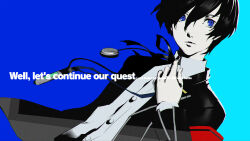  1boy adjusting_neck_ribbon all-out_attack armband atlus black_ribbon blue_background blue_eyes blue_theme buttons closed_mouth collared_shirt company_name concept_art copyright_name english_text gradient_background hair_between_eyes highres jacket looking_to_the_side male_focus neck_ribbon official_art open_clothes open_jacket persona persona_3 persona_3_reload red_armband ribbon s.e.e.s shadow shimada_azusa shirt short_hair sketch solo white_shirt yuuki_makoto_(persona_3) 