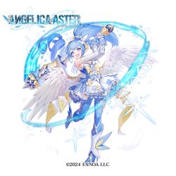  1girl :d amano_misaki angel_wings angelica_aster back_bow bare_shoulders blue_boots blue_bow blue_dress blue_eyes blue_hair blue_pantyhose boots bow breasts center-flap_bangs clothing_cutout colored_petticoat commentary_request copyright_logo copyright_notice cute_weapon dress dress_bow dress_flower drill_hair elbow_gloves falling_feathers feathered_wings feathers floating_hair flower frilled_dress frilled_gloves frills full_body gaiters glove_bow gloves hair_ornament heart heart_hair_ornament high_heel_boots high_heels highres holding holding_mace holding_weapon layered_gloves logo long_hair looking_at_viewer low_wings mace medium_breasts official_art pantyhose petticoat short_dress side_drill sidelocks simple_background smile solo sparkle standing standing_on_one_leg strapless strapless_dress symbol-shaped_pupils thigh_cutout two-tone_dress very_long_hair waist_bow weapon white_background white_bow white_dress white_feathers white_gloves white_wings wing_ornament winged_boots wings yellow_bow yellow_flower 