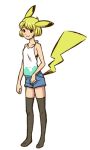  animal_ears bad_id blonde_hair brown_eyes costume lowres moemon personification pikachu pokemon simple_background solo tail thighhighs white_background 