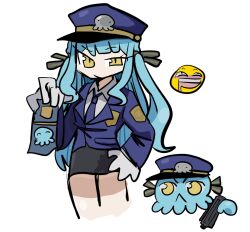  bang_dream! bang_dream!_it's_mygo!!!!! blue_hair chibi commentary_request emoji gun hat highres long_hair police police_badge police_hat police_uniform policewoman squid togawa_sakiko weapon xxc1010 yellow_eyes 