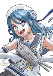  1girl adapted_turret blue_eyes blue_hair dated donut_hair_bun double_bun elbow_gloves english_commentary gloves grey_sailor_collar grey_skirt hair_bun hat highres kantai_collection neckerchief one-hour_drawing_challenge pleated_skirt ron_(pixiv83091338) sailor_collar sailor_hat school_uniform serafuku shirt signature skirt sleeves_rolled_up solo twitter_username upper_body urakaze_(kancolle) white_gloves white_hat white_shirt yellow_neckerchief 