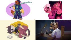  2boys 2girls absurdres beastars bondage_pants cat_girl colored_teeth dog_boy drawfee furry furry_female furry_male grin highres holding holding_sword holding_weapon hood hoodie hyena_boy jacob_andrews jacob_fursona julia_fursona julia_lepetit karina_farek karina_fursona mall_goth multiple_boys multiple_girls nathan_fursona nathan_yaffe official_art pants parody pawpads ponytail sharp_teeth skull smile sword teeth title_parody weapon yellow_teeth 
