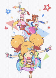  3girls :d :o aikatsu!_(series) aikatsu_stars! arm_up armpits asymmetrical_footwear bare_shoulders blonde_hair blue_sleeves boots bow brown_hair clenched_hand commentary_request copyright_notice cropped_shirt detached_sleeves dot_nose fingerless_gloves floating_hair fluffy_hair from_above from_side gloves gradient_hair green_eyes hair_bow heisei_retro highres jacket koke_(koke7) long_hair looking_ahead looking_at_viewer looking_to_the_side medium_skirt midriff multicolored_hair multiple_girls nijino_yume nikaido_yuzu open_clothes open_hand open_jacket open_mouth orange_eyes outstretched_arm outstretched_arms pink_hair pink_shirt pink_skirt polka_dot polka_dot_background red_boots revision saotome_ako shirt short_sleeves sideways_mouth skirt sleeveless sleeveless_shirt smile solo_focus spread_arms spread_fingers standing standing_on_one_leg star_(symbol) thigh-highs thigh_boots twintails twitter_username two-tone_hair v-shaped_eyebrows white_background white_boots white_shirt white_thighhighs 