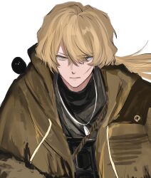  1boy a_certain_sinclair_(project_moon) animal_on_shoulder bird bird_on_shoulder blonde_hair brown_coat closed_mouth coat dog_tags hair_between_eyes highres limbus_company long_hair low_ponytail male_focus open_clothes open_coat piitorin ponytail project_moon scar scar_on_cheek scar_on_face serious shoulder_strap simple_background sinclair_(project_moon) solo upper_body v-shaped_eyebrows white_background yellow_eyes 
