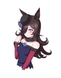  1girl animal_ears bare_shoulders black_hat blue_dress blue_flower blue_rose blush breasts brown_hair closed_mouth collarbone commentary_request cropped_torso dress flipped_hair flower fur_choker hair_over_one_eye hat hat_flower highres horse_ears horse_girl kamidan long_hair long_sleeves looking_at_viewer off-shoulder_dress off_shoulder rice_shower_(rosy_dreams)_(umamusume) rice_shower_(umamusume) rose simple_background small_breasts smile solo tilted_headwear umamusume violet_eyes white_background 