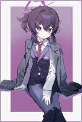  1girl black_jacket blazer blue_archive commentary dress_shirt feet_out_of_frame halo haruka_(blue_archive) haruka_(suit)_(blue_archive) highres invisible_chair jacket jacket_on_shoulders korean_commentary looking_at_viewer necktie pants parram77 ponytail purple_hair purple_halo purple_pants purple_vest red_necktie shirt short_ponytail sitting solo suit_pants vest violet_eyes white_shirt 