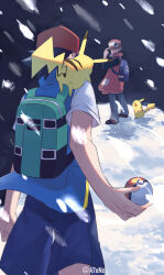  2boys ash_ketchum bag baseball_cap black_hair black_shirt blue_bag blue_shorts blue_vest brown_hair brown_shoes commentary_request glint grey_pants hand_on_headwear hat highres holding holding_poke_ball long_sleeves male_focus multiple_boys on_shoulder pants pikachu poke_ball poke_ball_(basic) pokemon pokemon_(anime) pokemon_(creature) pokemon_journeys pokemon_masters_ex pokemon_on_shoulder red_(pokemon) red_(sygna_suit)_(pokemon) red_hat red_vest shirt shoes short_hair short_sleeves shorts snow snowing standing twitter_username uguisu_(a7encl) vest white_shirt 