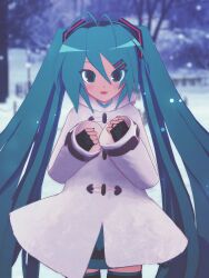  1girl 3d :d absurdres adapted_costume animasa_model_(mikumikudance) antenna_hair aqua_eyes aqua_hair blurry blurry_background blush coat commentary cowboy_shot english_commentary hair_between_eyes hair_ornament hatsune_miku highres kio_(majin_kz) long_hair long_sleeves looking_at_viewer mikumikudance_(medium) outdoors smile snow snowing solo standing twintails vocaloid white_coat winter_clothes 