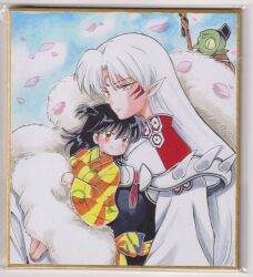 1girl 2boys :| armor bald barefoot black_armor black_eyes black_hair black_hat bow breastplate brown_eyes brown_hair carrying checkered_clothes checkered_kimono chikoto_(kztc4472) child child_carry clenched_hand closed_mouth clouds cloudy_sky colored_sclera colored_skin commentary commentary_request crescent crescent_facial_mark day dot_nose facial_mark forehead_mark fur_shawl green_skin hair_between_eyes hat hexagon highres inuyasha jaken japanese_clothes kikkoumon kimono long_hair long_sleeves looking_at_another looking_at_viewer multiple_boys orange_kimono outdoors parted_bangs partial_commentary petals photo_(medium) picture_frame pink_petals pointy_ears pointy_nose rin_(inuyasha) sash sesshoumaru shawl shoulder_spikes sky slit_pupils smile spikes staff traditional_media two-tone_kimono waist_sash whisker_markings white_hair white_kimono wispy_bangs yellow_eyes yellow_kimono yellow_sclera 