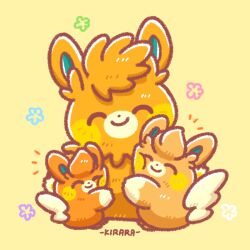  animal_focus artist_name closed_eyes closed_mouth commentary_request dot_nose evolutionary_line hug kirara_(kirara-cecilvenes) no_humans notice_lines pawmi pawmo pawmot pokemon pokemon_(creature) pokemon_focus simple_background smile yellow_background 