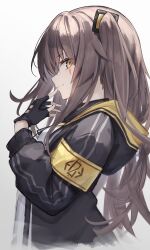  1girl absurdres armband black_jacket brown_eyes brown_hair diieru finger_to_mouth fingerless_gloves from_side girls_frontline gloves highres hood hood_down hooded_jacket jacket long_hair long_sleeves one_side_up scar scar_across_eye scar_on_face sideways_glance solo ump45_(girls'_frontline) upper_body 