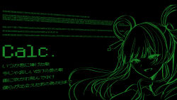  1girl :d absurdres annin_cha black_background cho_kaguya-hime! commentary_request floating_hair green_theme hair_ornament hair_rings hair_stick highres looking_at_viewer monochrome open_mouth runami_yachiyo simple_background smile solo thick_eyebrows translation_request twintails 
