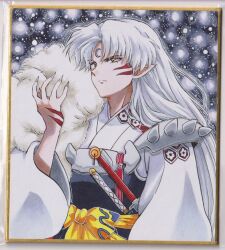  1boy armor black_armor bow breastplate chikoto_(kztc4472) closed_mouth commentary crescent crescent_facial_mark facial_mark fingernails forehead_mark fur_shawl hand_up hexagon highres inuyasha japanese_clothes katana kikkoumon kimono long_hair long_sleeves looking_at_hand male_focus night outdoors outline parted_bangs photo_(medium) picture_frame pointy_ears sash sesshoumaru sharp_fingernails shawl shoulder_spikes sky solo spikes star_(sky) starry_sky sword tenseiga_(sword) tokijin_(sword) traditional_media upper_body waist_sash weapon whisker_markings white_hair white_kimono white_outline wide_sleeves yellow_bow yellow_eyes yellow_sash 