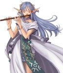  blue_hair closed_eyes falcom flute hair_ornament hairpin instrument instruments long_hair official_art olha pointy_ears rehda solo tabard white_background ys ys_vi 