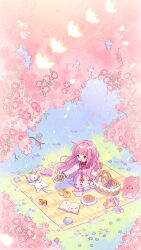  1girl absurdres ahoge apple artist_request baguette bloom_poetry_(shining_nikki) book bow bowtie bread brown_eyes cherry_blossoms chinese_commentary chinese_text cloak commentary_request copyright_name cross-laced_clothes cross-laced_dress day dress dress_ribbon ear_covers eyelashes falling_petals floating_hair flock flower food fruit grapes happy highres holding holding_plate hood hood_up hooded_cloak kneeling lettuce long_hair long_sidelocks long_sleeves lying meat medium_dress melon momo_(nikki) nikki_(nikki) nikki_(series) no_shoes official_art on_back open_book open_mouth orange_(fruit) outdoors petals picnic picnic_basket pillow pinafore_dress pink_dress pink_flower pink_hair plate red_bow red_bowtie red_ribbon ribbon second-party_source shining_nikki shirt sidelocks sleeveless sleeveless_dress smile socks spring_(season) traditional_bowtie translation_request very_long_hair wavy_hair whiskers white_shirt white_socks wind yellow_cloak 