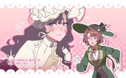  2girls black_hair blood blood_on_face dress drop_shadow gloves green_eyes green_hat green_jacket guni_(9guniguni) hat hat_feather highres index_finger_raised isolde_(reverse:1999) jacket jewel_under_eye kakania_(reverse:1999) korean_text long_hair multiple_girls neck_ribbon picture_hat pink_background red_ribbon reverse:1999 ribbon round_eyewear running shirt smile upper_body veil violet_eyes white_dress white_gloves white_shirt white_veil yellow_gloves 
