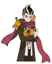  1boy animal black_coat black_hair coat crossover danganronpa_(series) danganronpa_2:_goodbye_despair dedenne earrings gundam happy holding holding_animal jewelry looking_at_another mouse_(animal) multicolored_hair pokemon pokemon_(creature) print_shirt red_scarf scar scar_on_face scarf sheebal shirt short_hair simple_background single_earring smile tanaka_gundham two-tone_hair white_background white_shirt 