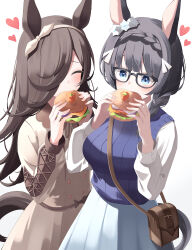  2girls animal_ears bag black-framed_eyewear black_hair blue_eyes blue_sweater_vest blush bow_hairband braid braided_ponytail breasts brown_dress brown_hair burger casual closed_eyes collared_shirt crown_braid dress eating flipped_hair food glasses guram hair_over_one_eye hairband handbag heart highres holding holding_burger holding_food horse_ears horse_girl horse_tail large_breasts long_hair long_sleeves multiple_girls rice_shower_(casual)_(umamusume) rice_shower_(umamusume) shirt skirt sweater_vest tail umamusume white_shirt zenno_rob_roy_(casual)_(umamusume) zenno_rob_roy_(umamusume) 
