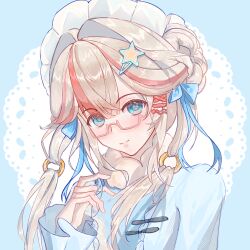  1girl absurdres bespectacled blonde_hair blue_background blue_bow blue_eyes blue_pupils blue_shirt blunt_bangs bow braid braided_bun chinese_commentary closed_mouth commentary_request eyelashes eyes_visible_through_hair frilled_sleeves frills fur_scarf glasses hair_between_eyes hair_bow hair_bun hair_extensions hair_intakes hair_ornament hair_over_shoulder hairclip happy heart heart_hair_ornament highres holding infinity_nikki lace_background light_blush long_hair long_sleeves loose_hair_strand maid_headdress multicolored_hair nikki_(series) parallel_hairclips red-framed_eyewear ring_hair_extensions scarf shirt single_side_bun smile solo star_(symbol) star_hair_ornament streaked_hair stylist_(nikki) twintails two-tone_background upper_body wang_jue white_background white_scarf x_hair_ornament 