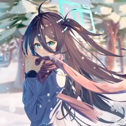  1girl absurdres adjusting_scarf ahoge aris_(blue_archive) black_hair black_sleeves blue_archive blue_eyes blue_halo blurry blurry_background chinese_commentary coat day depth_of_field forest from_side hair_between_eyes hair_ornament halo highres holding long_hair looking_at_viewer mechanical_halo nature original outdoors pluie red_scarf scarf signature snow snowing solo standing upper_body white_coat winter 