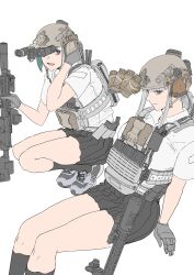  2girls absurdres assault_rifle bare_legs bulletproof_vest chest_rig closed_mouth commentary_request earphones green_hair gun helmet highres lauging_man_(shun_a_t_i_o) long_hair looking_at_viewer multiple_girls night_vision open_mouth original radio_transceiver rifle shirt shoes short_hair sitting skirt sneakers socks squatting t-shirt tactical_clothes violet_eyes weapon weapon_request white_background white_hair 