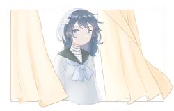  1girl ako_(yuruhakoniwa) bandaged_head bandaged_neck bandages curtains expressionless grey_eyes grey_hair highres juusan_kihei_bouei_ken looking_at_viewer school_uniform serafuku shinonome_ryouko_(juusan_kihei_bouei_ken) solo wind 
