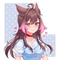 1girl animal_ear_fluff animal_ears blue_dress breasts brown_hair collar commentary dieselhuh dress english_commentary hair_between_eyes heart heterochromia highres large_ears long_hair looking_at_viewer multicolored_hair original puffy_short_sleeves puffy_sleeves red_collar short_sleeves simple_background small_breasts smile thick_eyelashes