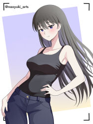  1girl absurdres artist_name azumanga_daioh black_hair black_shirt blue_eyes blue_pants breasts casual collarbone commentary gradient_background hand_on_own_hip hand_on_own_thigh highres long_hair looking_at_viewer naoyuki_arts pants parted_lips sakaki_(azumanga_daioh) shirt solo standing 